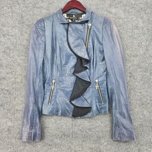 Royal Underground Blue Leather Ruffle Moto Jacket Fleur De Lis Zip XS Nikki Sixx